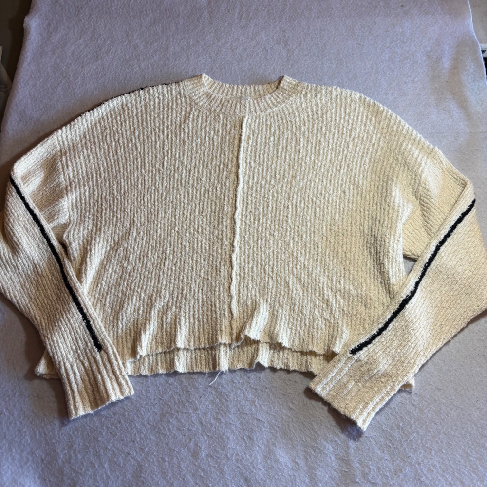 DISSH Cream Ribbed Cropped Sweater Womens Medium‎ Cotton Blend Stripe Raw Hem